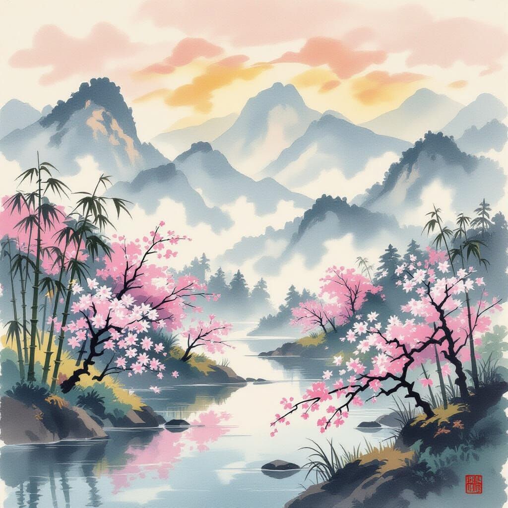 Misty Asian Landscape with Cherry Blossoms in Ukiyo-e Style