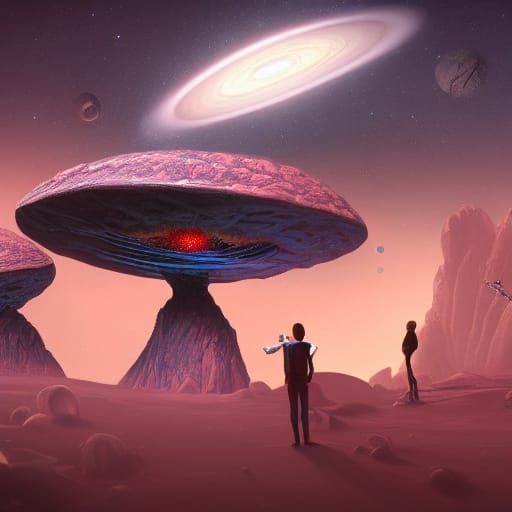 Whimsical Astronomers Study Alien in Detailed Matte Painting