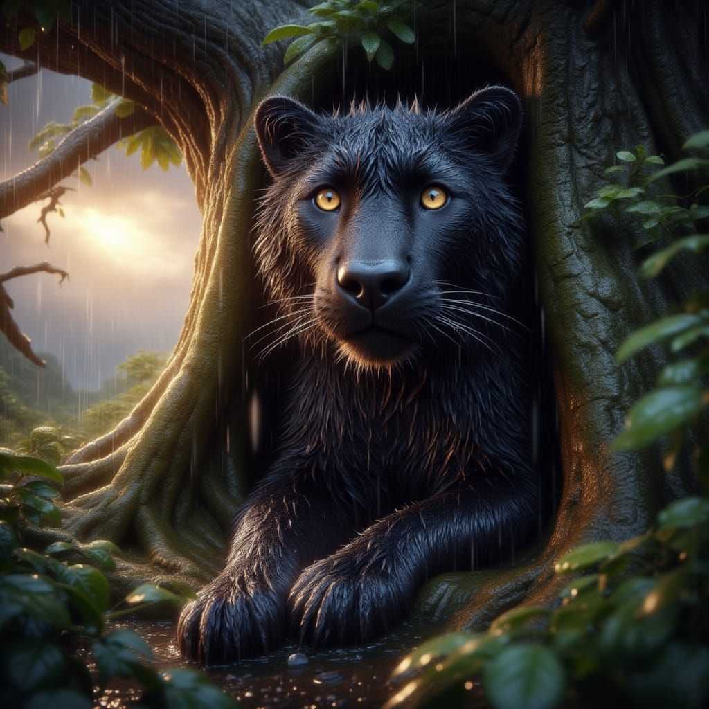Majestic Black Panther in Golden Hour Rainstorm