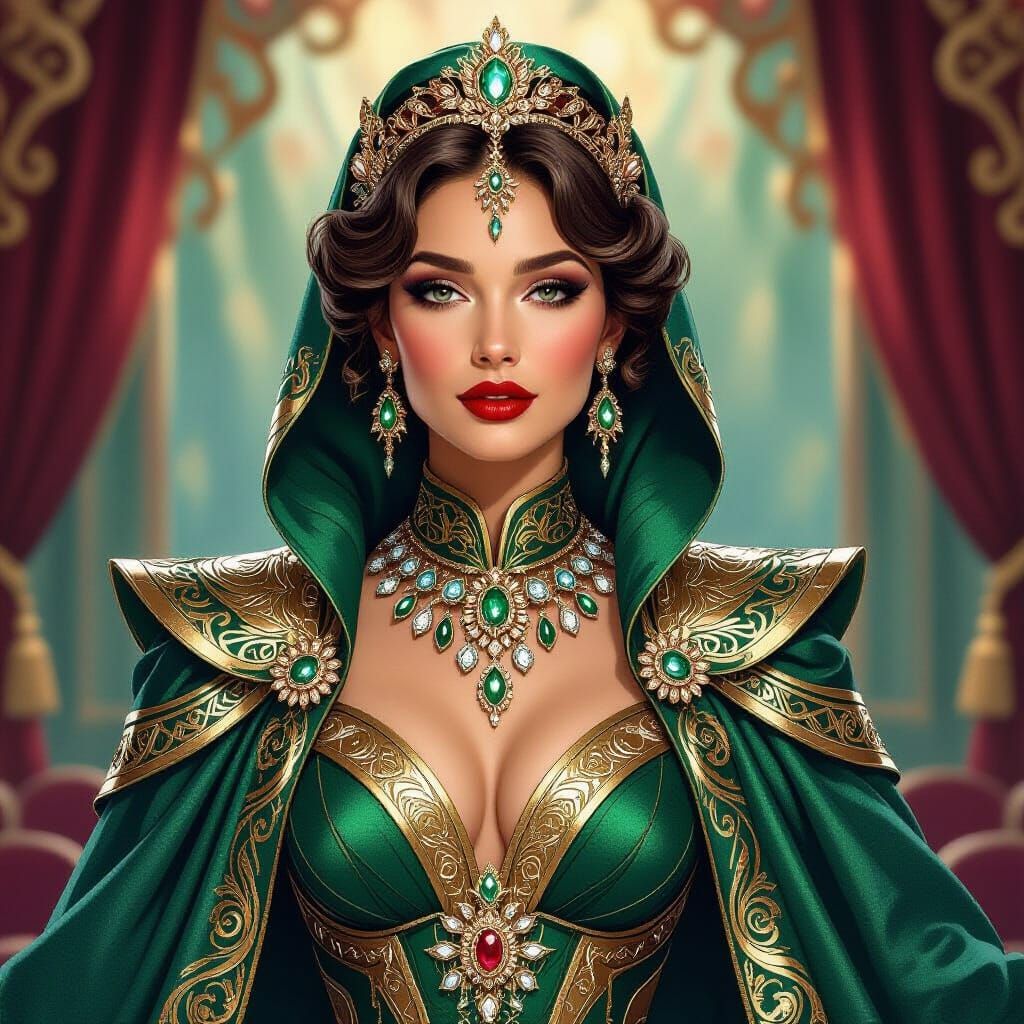 Woman in Regal Emerald and Sapphire Costume
