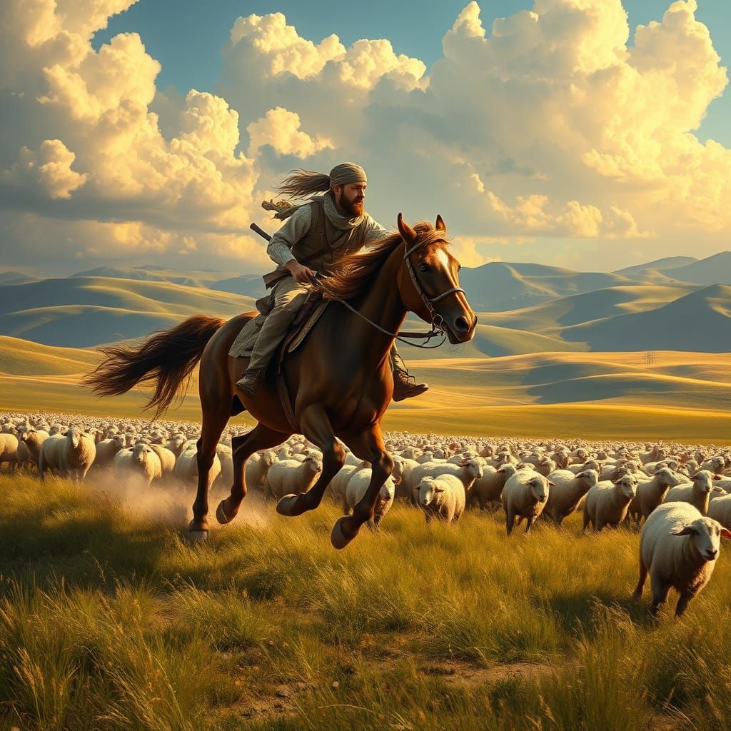 Shepherd Leading Sheep Across Countryside, Realism Style