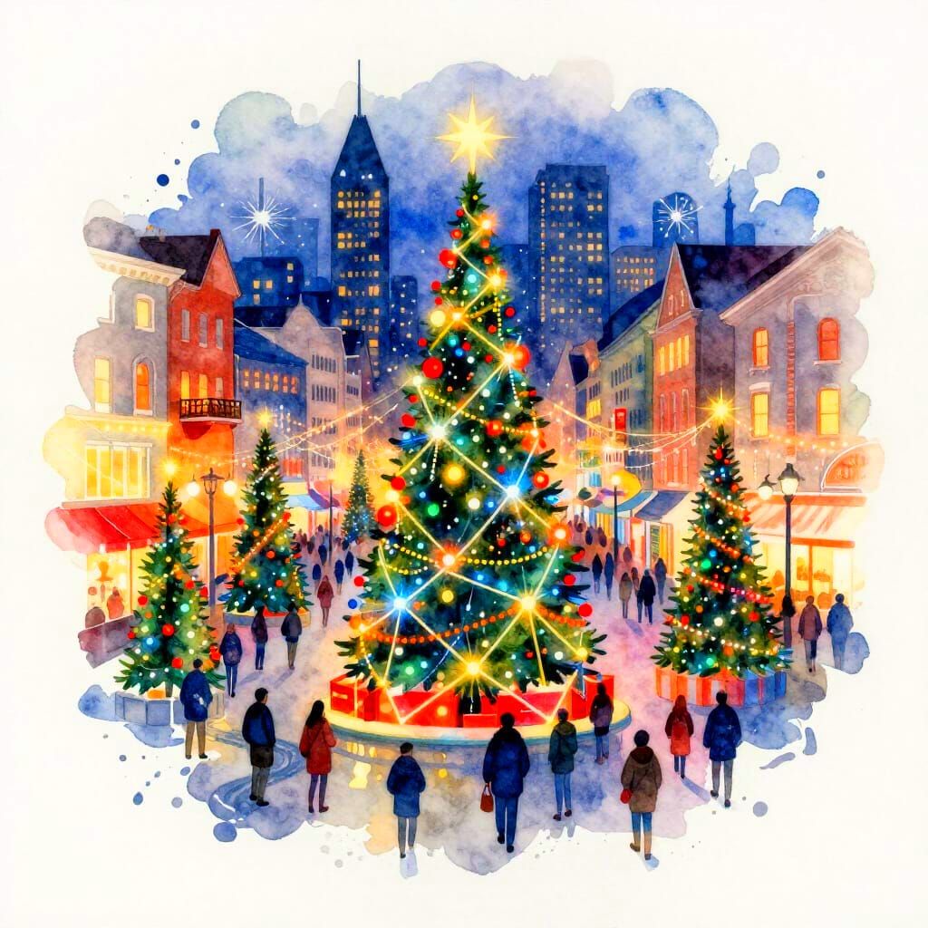 Christmas Cityscape with Vivid Geometric Lights