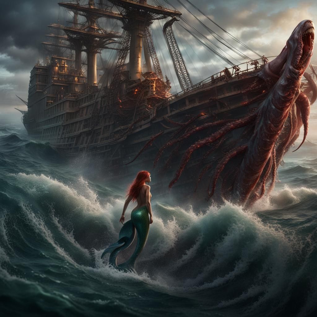 Hyperrealistic Evil Mermaid with Giant Octopus Destruction