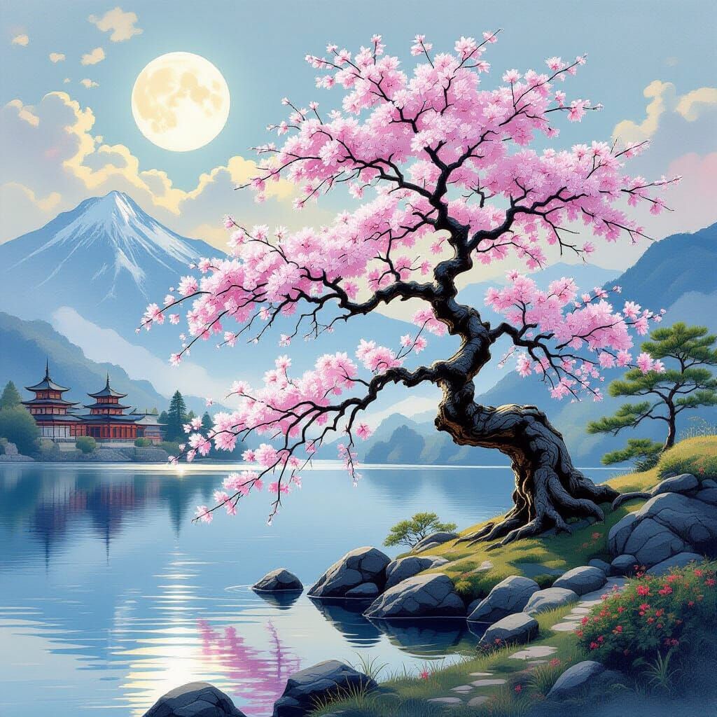 Moonlit Sakura Tree by Lake in Watercolor Style