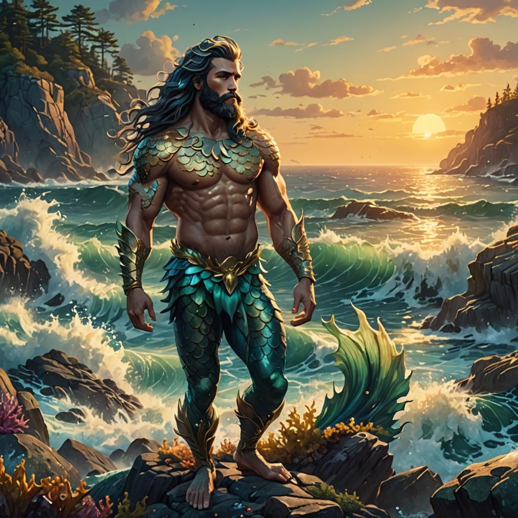 Merman with Legs on Rocky Coastline