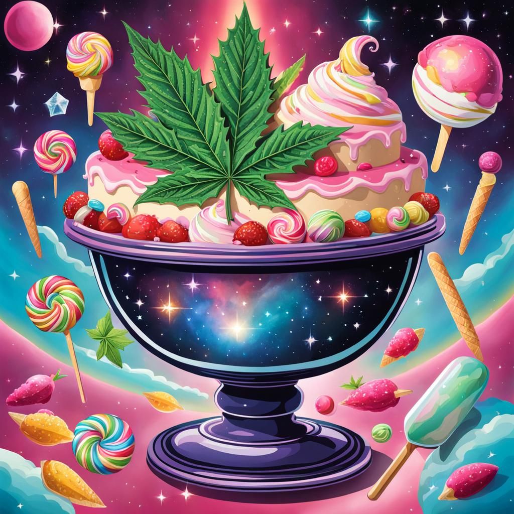 Pot Leaf Surrounded By Floating Desserts in Space