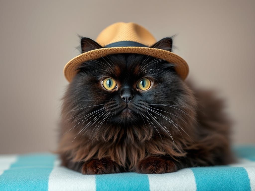 Black Persian Cat in Hat: AI Generated