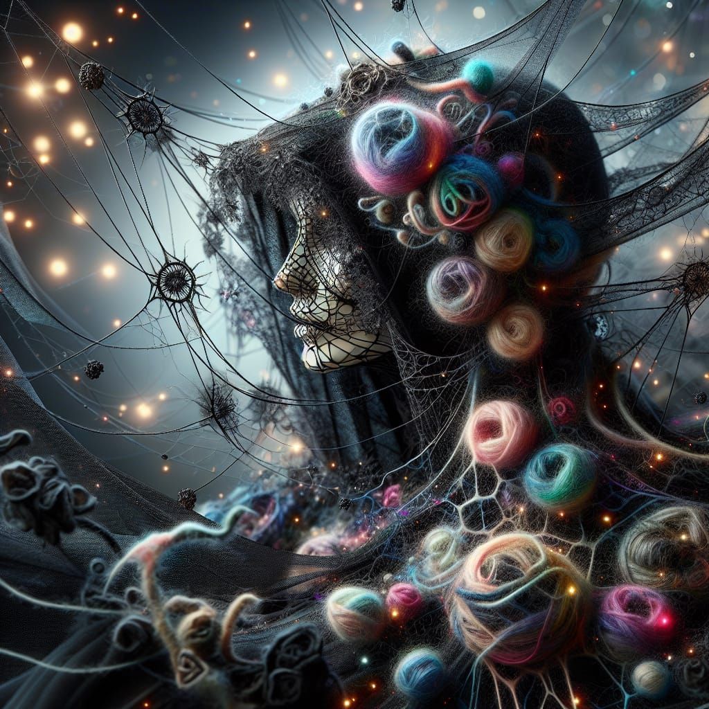 Gothic Woman in Vibrant Felted Wool Webs as Hyper-Realistic....