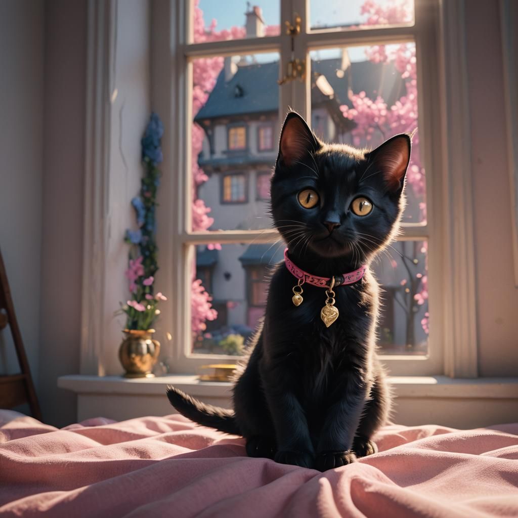 Tiny Black Kitten Stretching in Sunlight