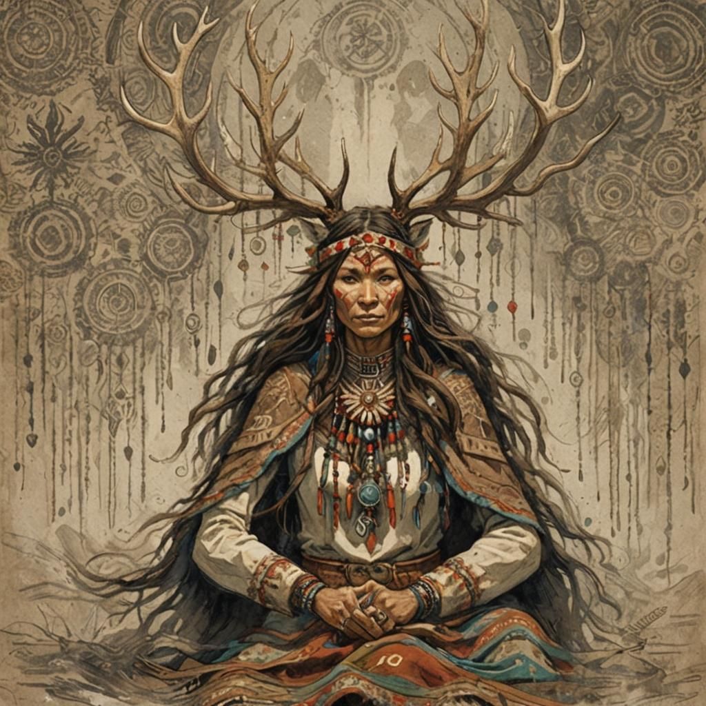 Antlered Shaman Woman: Mystical Forest Guardian