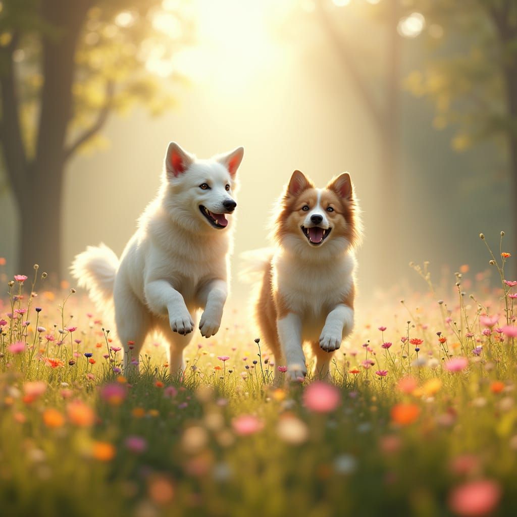 Joyful Canine Frolic in Heavenly Flower Meadow