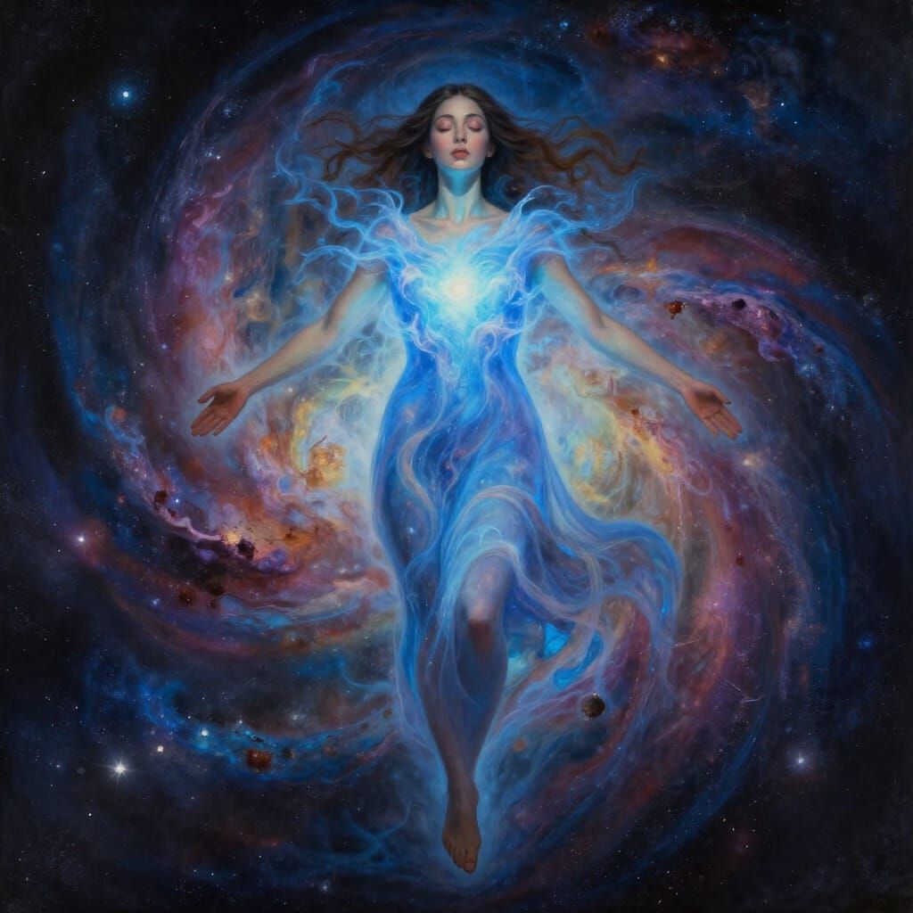 Woman's Soul Ascends in Ethereal Blue Astral Projection