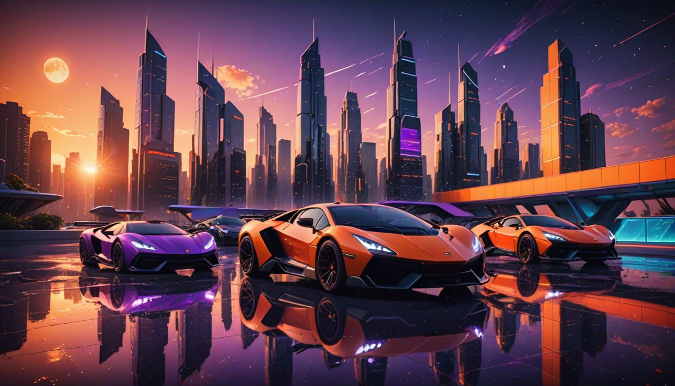 Futuristic Cityscape with Flying Cars and Distant Sunset