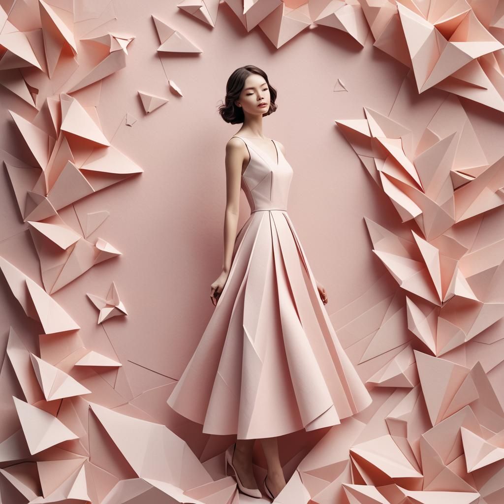 Model in Light Pink Dress: Pastel Papercraft Illustration