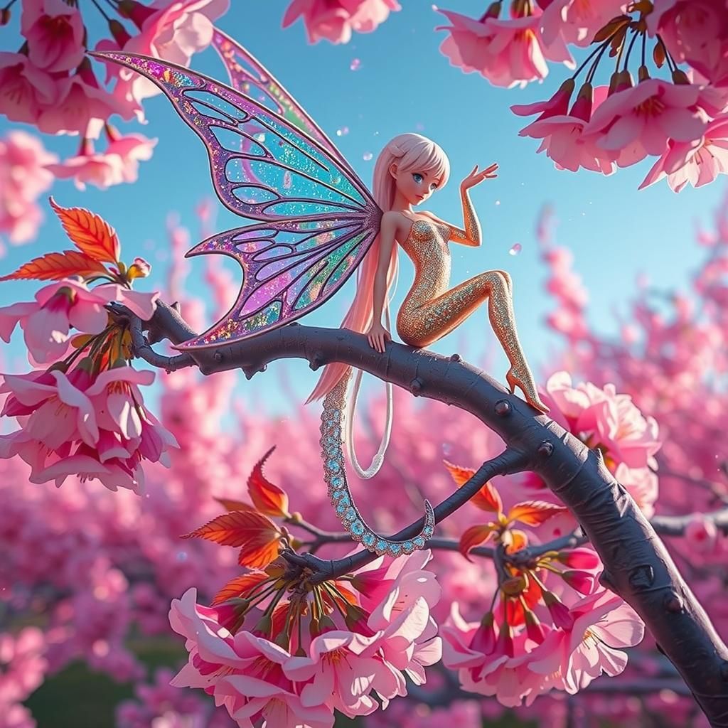 Fairy on Blossoming Cherry Tree Branch