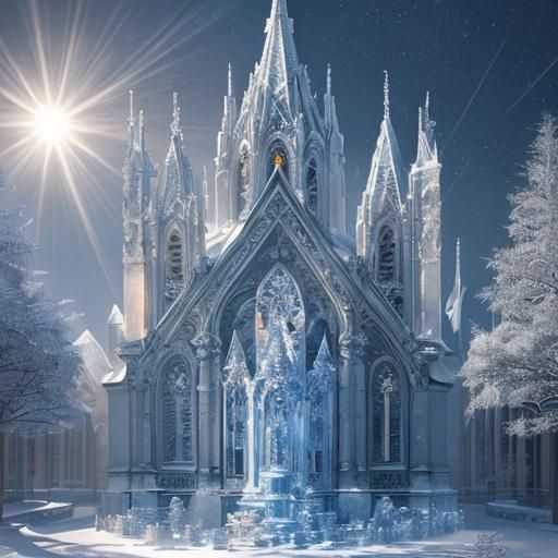 Gothic Ice Church Sculpture in Winter Landscape