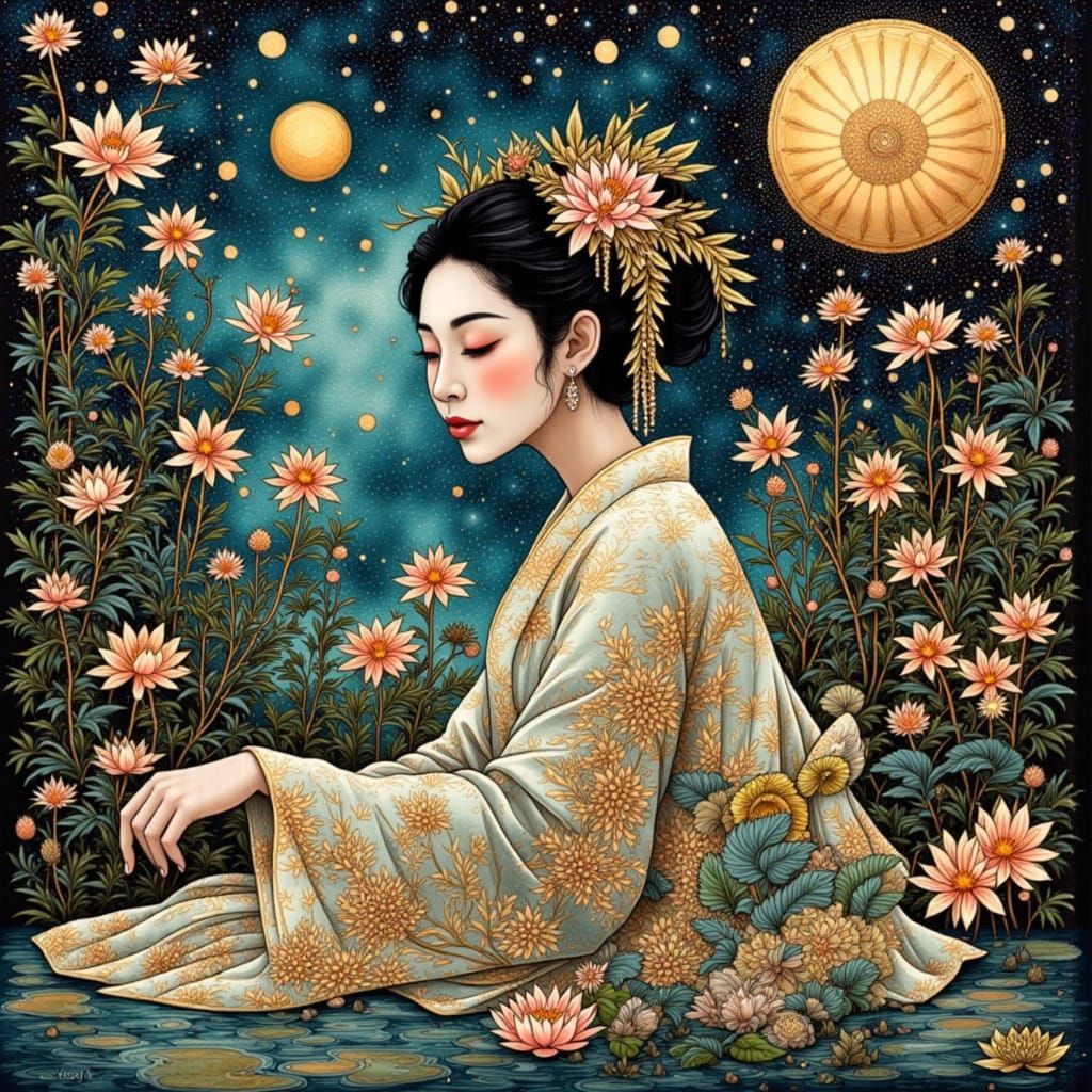 Geisha in Golden Dress Touching Reflection, Dark Fantasy Sty...