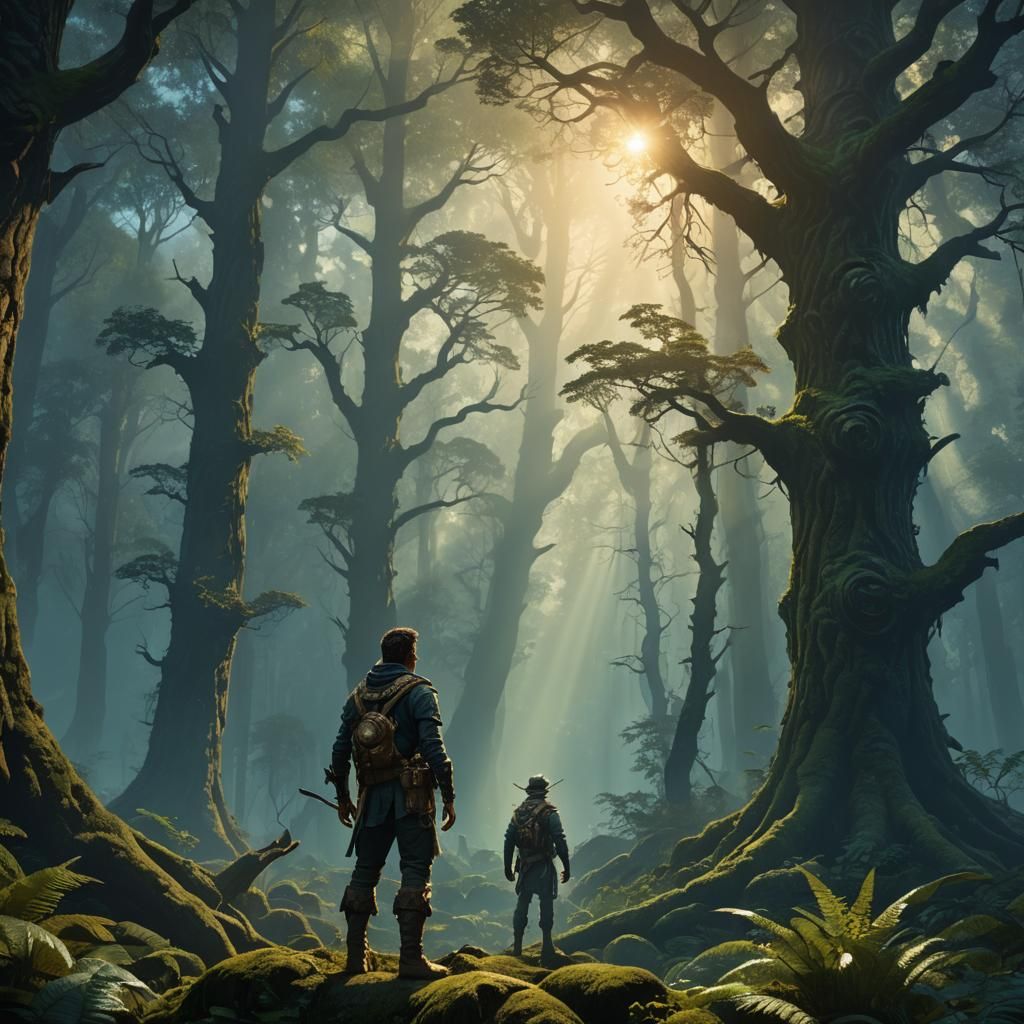 Adventurer Contemplating in Mystical Forest, Fantasy Art