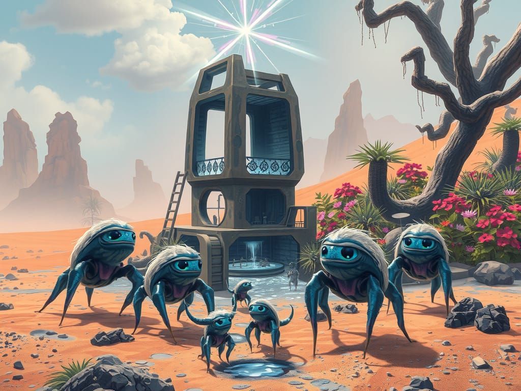 Mystical Oasis with Water Machine in Dystopian Style