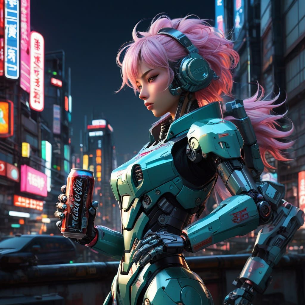 Anime Girl in Futuristic Mecha Suit Drinks Cola Under Neon C...