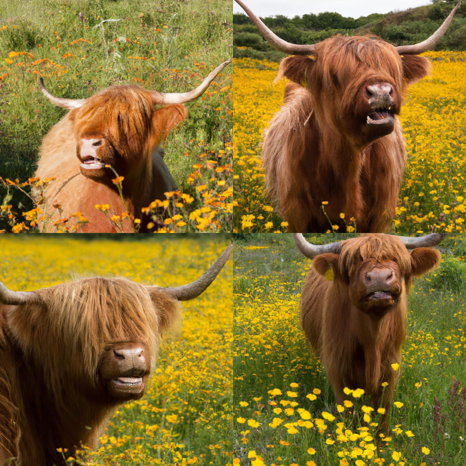 Highland Cow with Human Teeth in Wildflower Field
