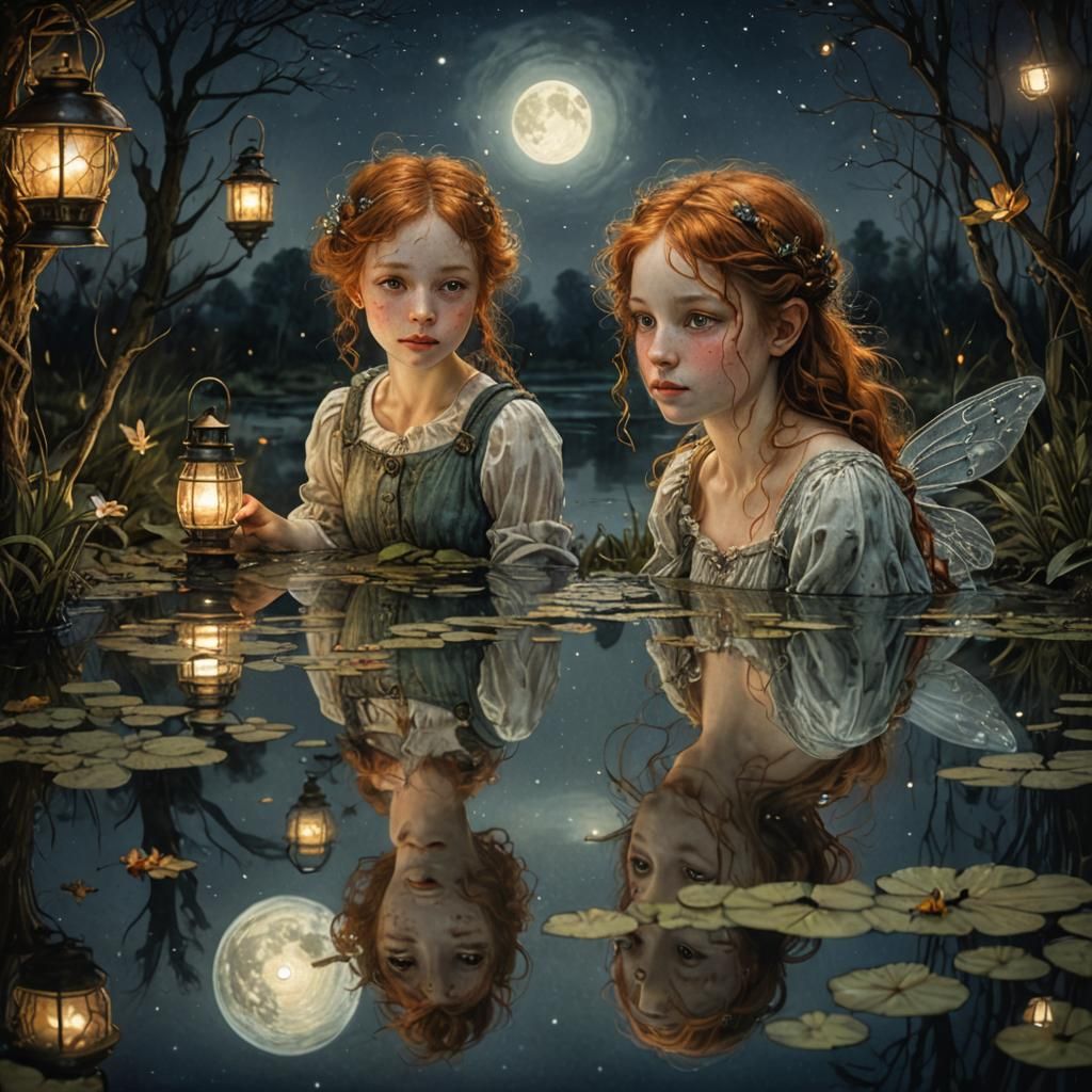 Mystical Fairy Reflection in Moonlit Pond