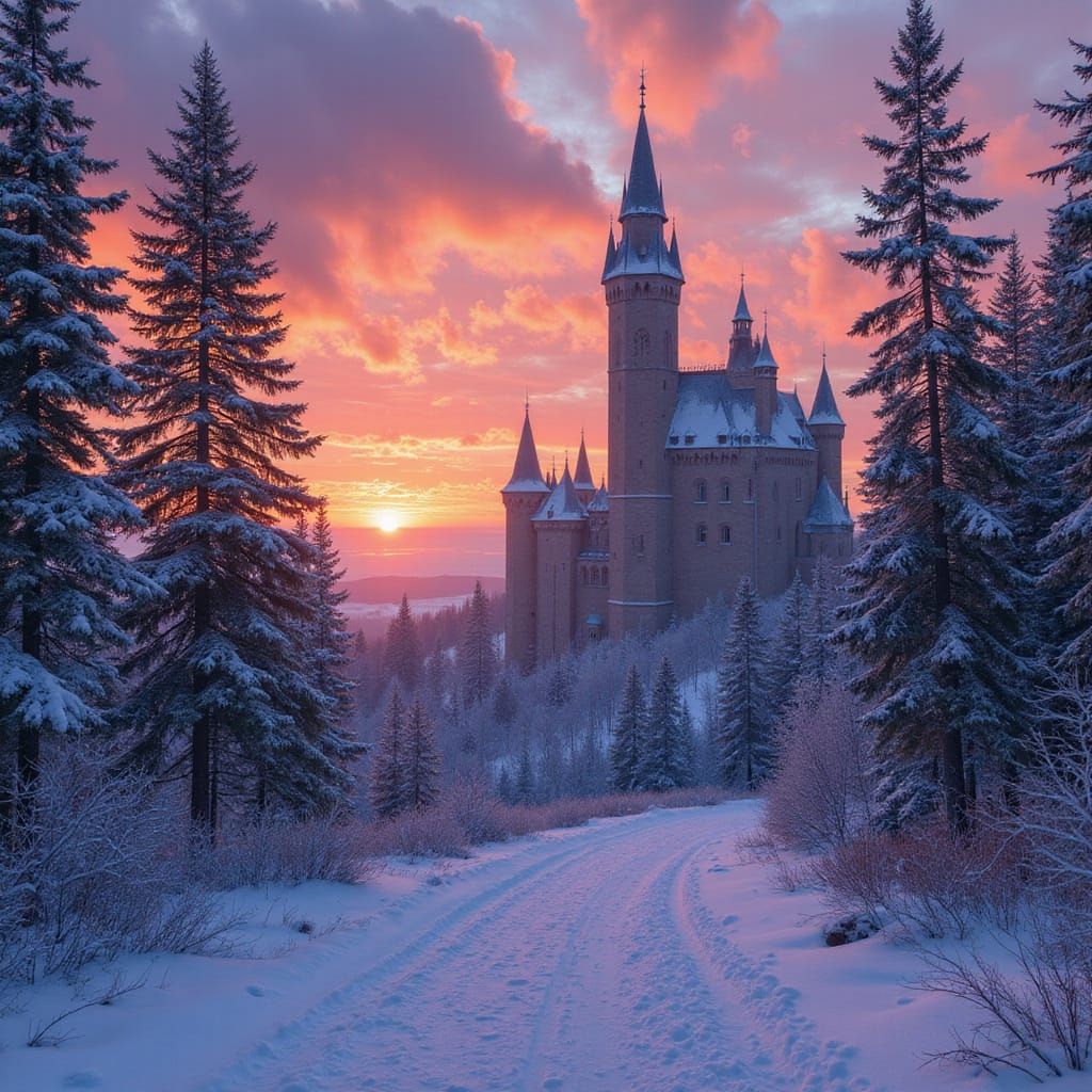 Winter Sunset Over Northern Forest From Castle Battlements