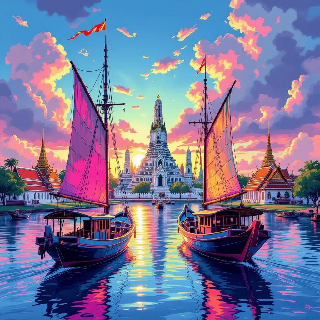 Vibrant Graffiti Art: Djong Sailboats Over Ayutthaya