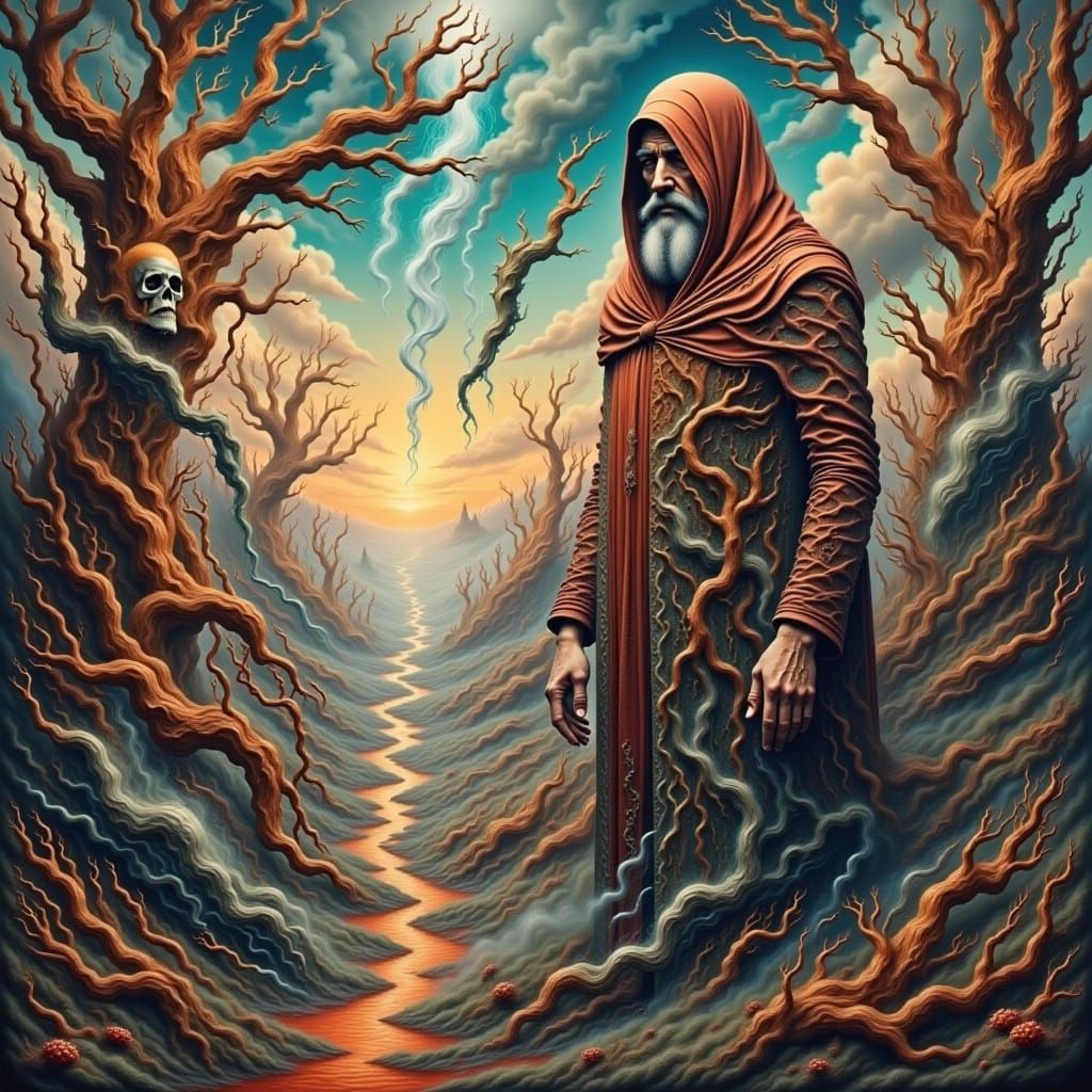 Surreal Figure Emerges from a Twisted, Dreamlike Landscape