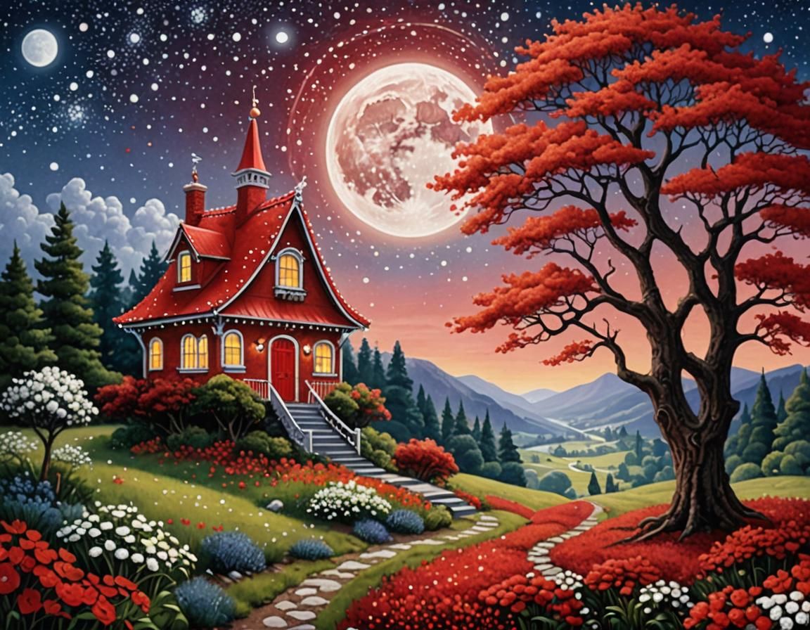 Pointillist Landscape with Red Tree and Fairy House