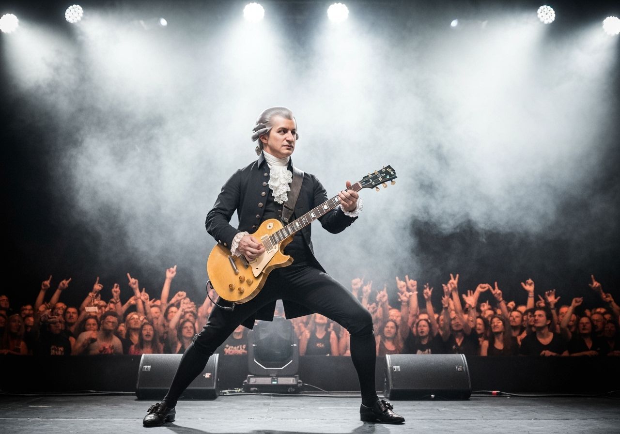 Mozart as a Rock Star on Stage with Electric Guitar