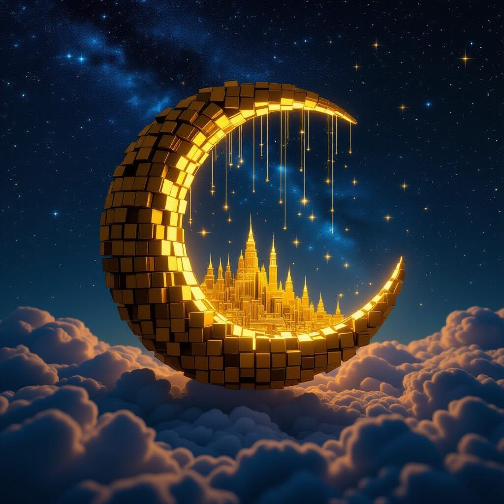 Golden City Moon in Starry Sky, Fractal HDR Art
