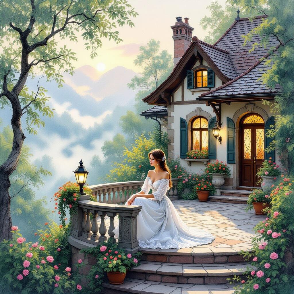 Woman on Terrace: Ethereal Charcoal and Gouache Drawing