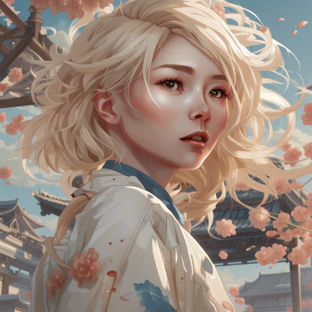 Blonde Japanese Woman Modeling Under a Clear Sky