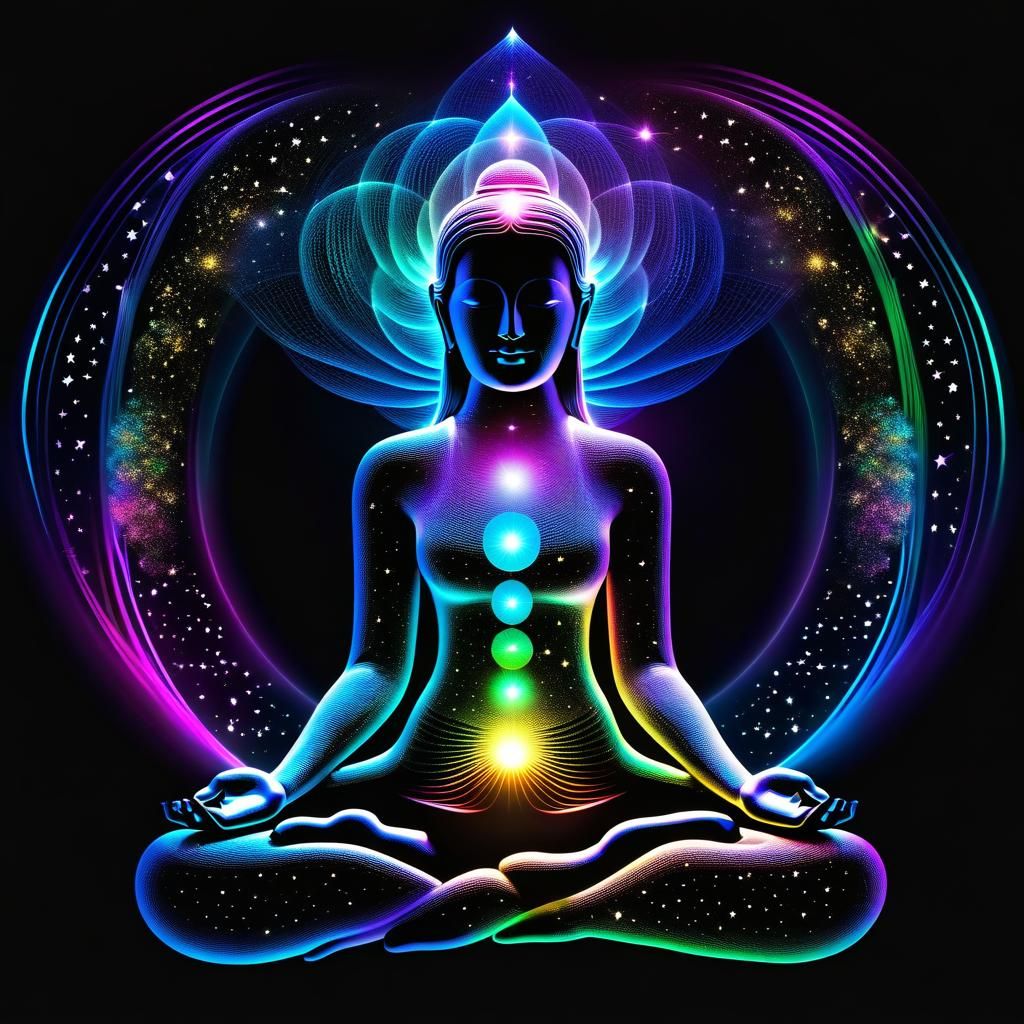 Bioluminescent Woman Meditating in Holographic Astral Cosmos