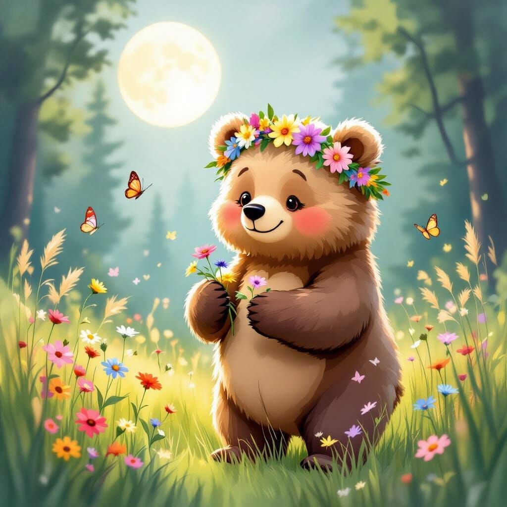Whimsical Bear Picking Wildflowers in Meadow