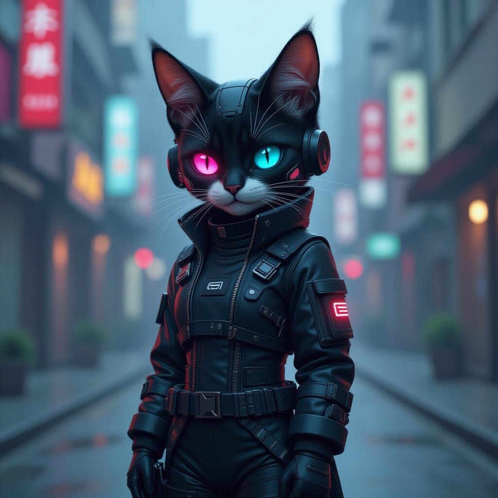 Cyberpunk Cat: Futuristic Feline in Neon Cityscape