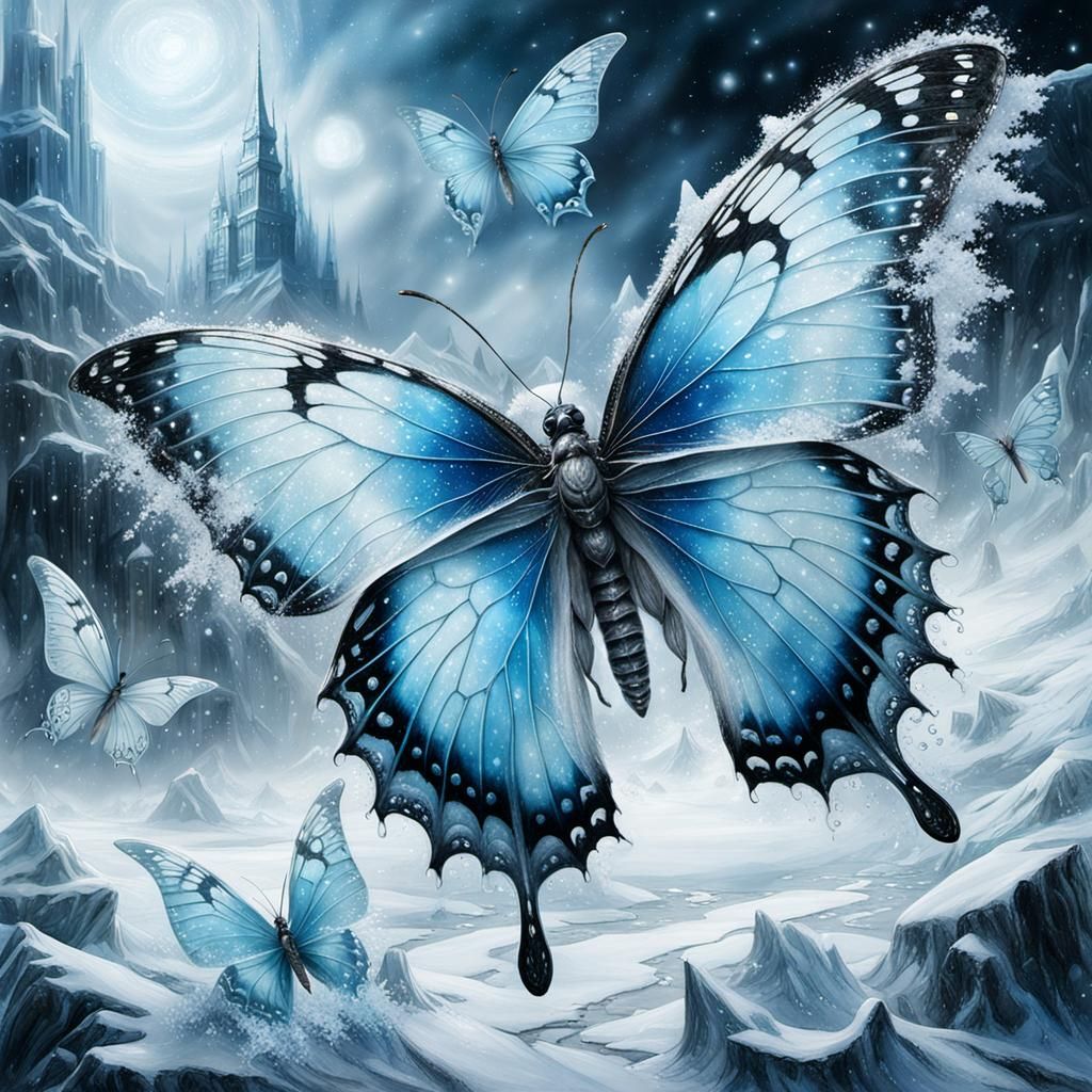 Ice Butterfly Illustration on School Paper in Oil and Ink