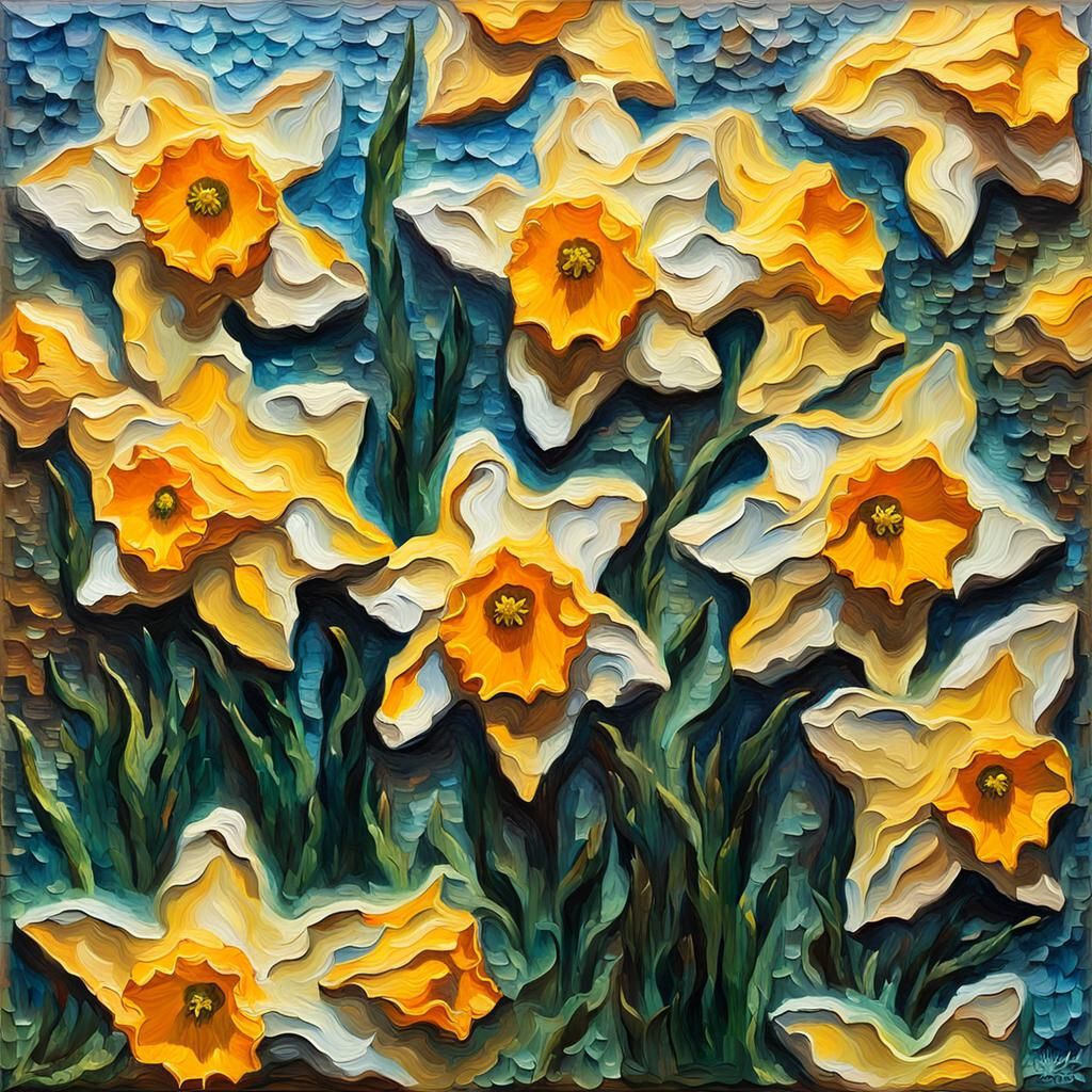 overly detailed daffodil bush, oil painting in, impasto, mixed media, collage, sculptural, 3D, fabulous, fantastic, magi...