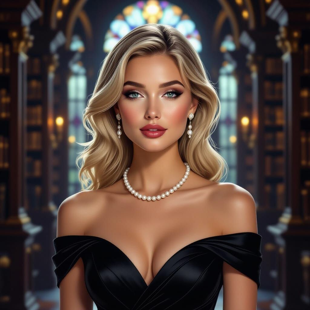 Elegant Blonde Woman in Ornate Library, Classical Oil Style