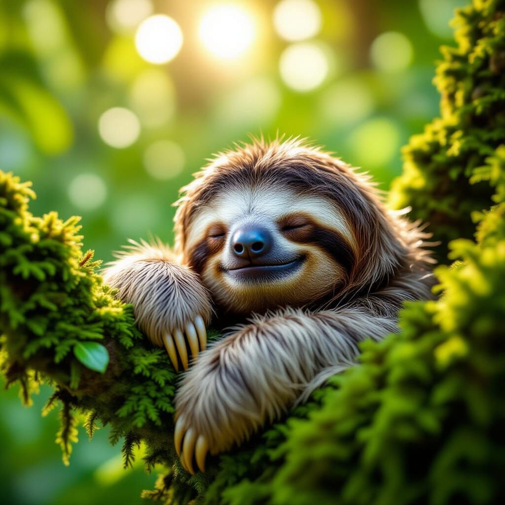 Cute Sloth Sleeping in Tropical Tree, Photorealistic Detail