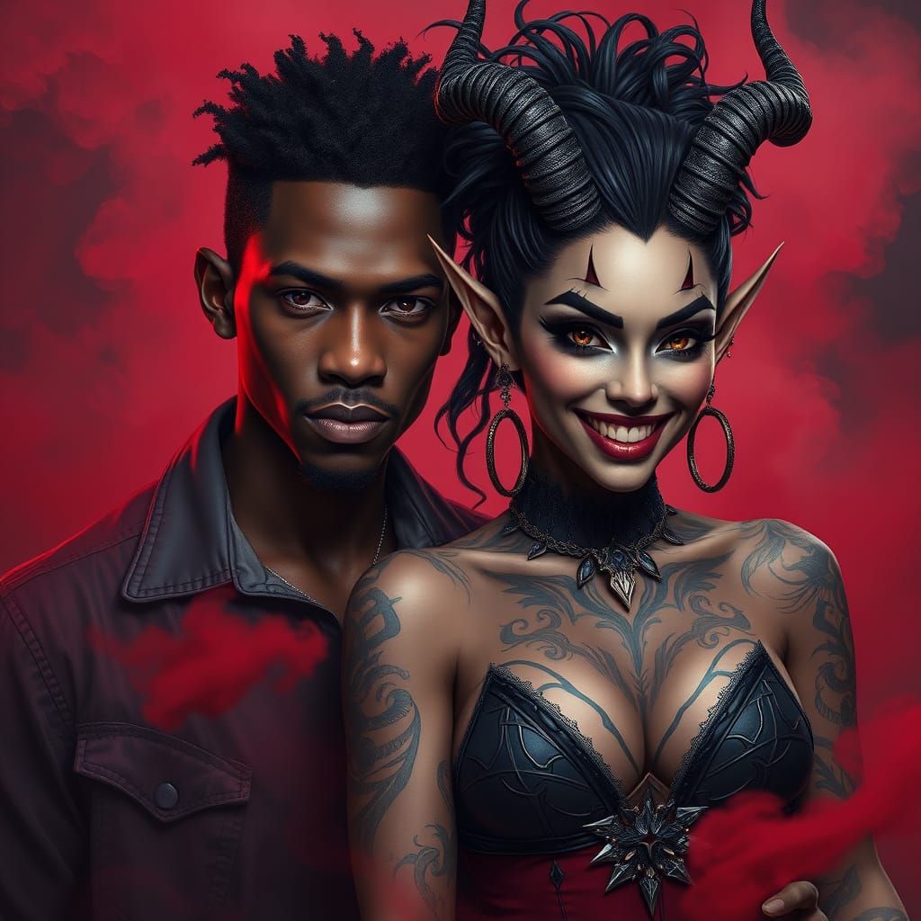 Demonic Couple in Red Smoke, Tattoos, and Glittering Hair