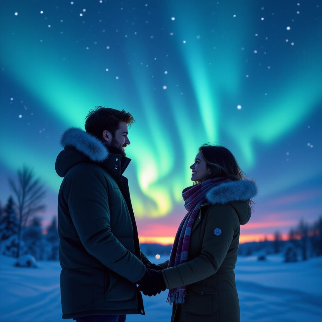 Couple Silhouetted Against Aurora Borealis