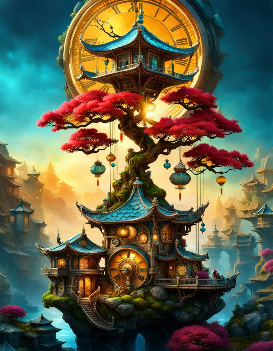 Clockwork Gemstone Bonsai Village: Fantasycore Artwork