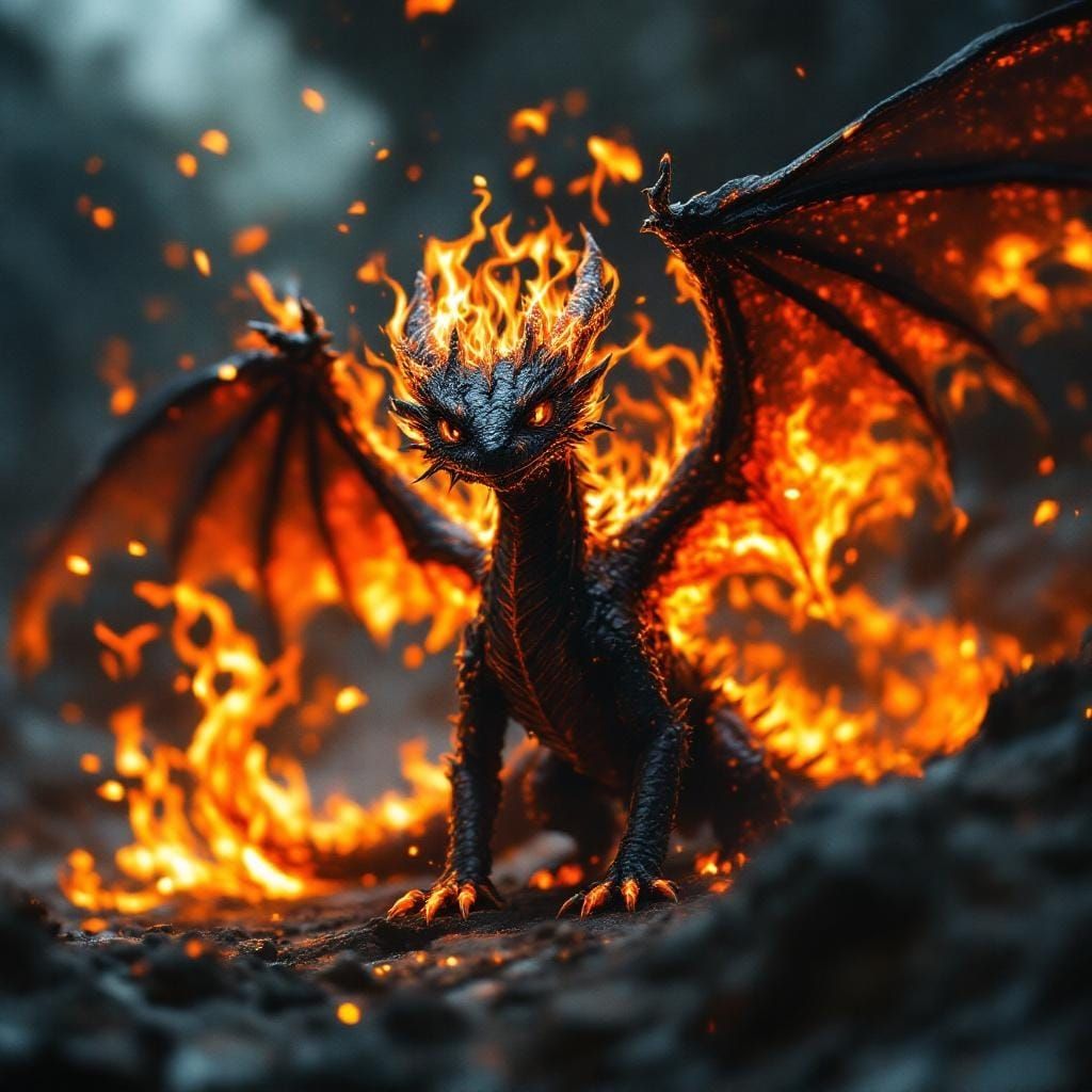 Baby Fire Dragon with Black Scales and Aura