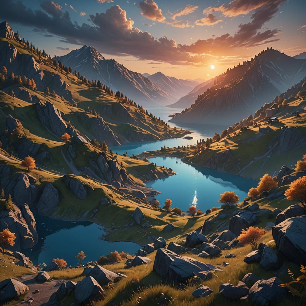 Hillside Sunset Over Blue Lake, Fantasy Concept Art