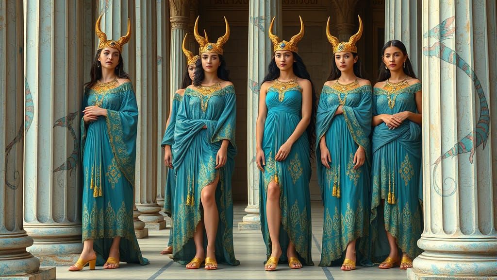 Minoan Women in Turquoise Art Deco Style