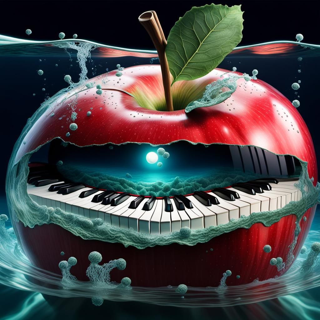 Underwater Piano Inside Apple: Hyperrealistic Scene