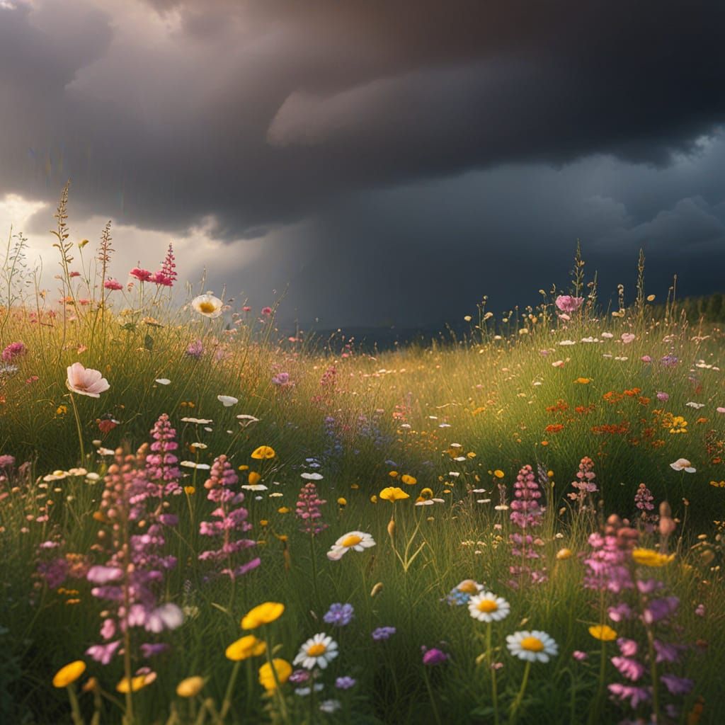 Impressionist Wildflowers Bending in Summer Rain