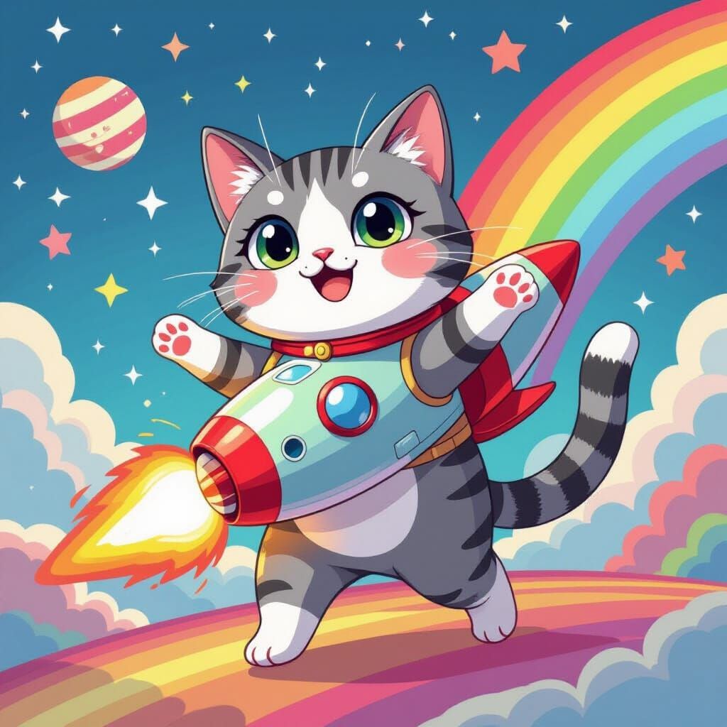 Nyan Cat Dances in Rainbow Rocket, Digital Kawaii Art